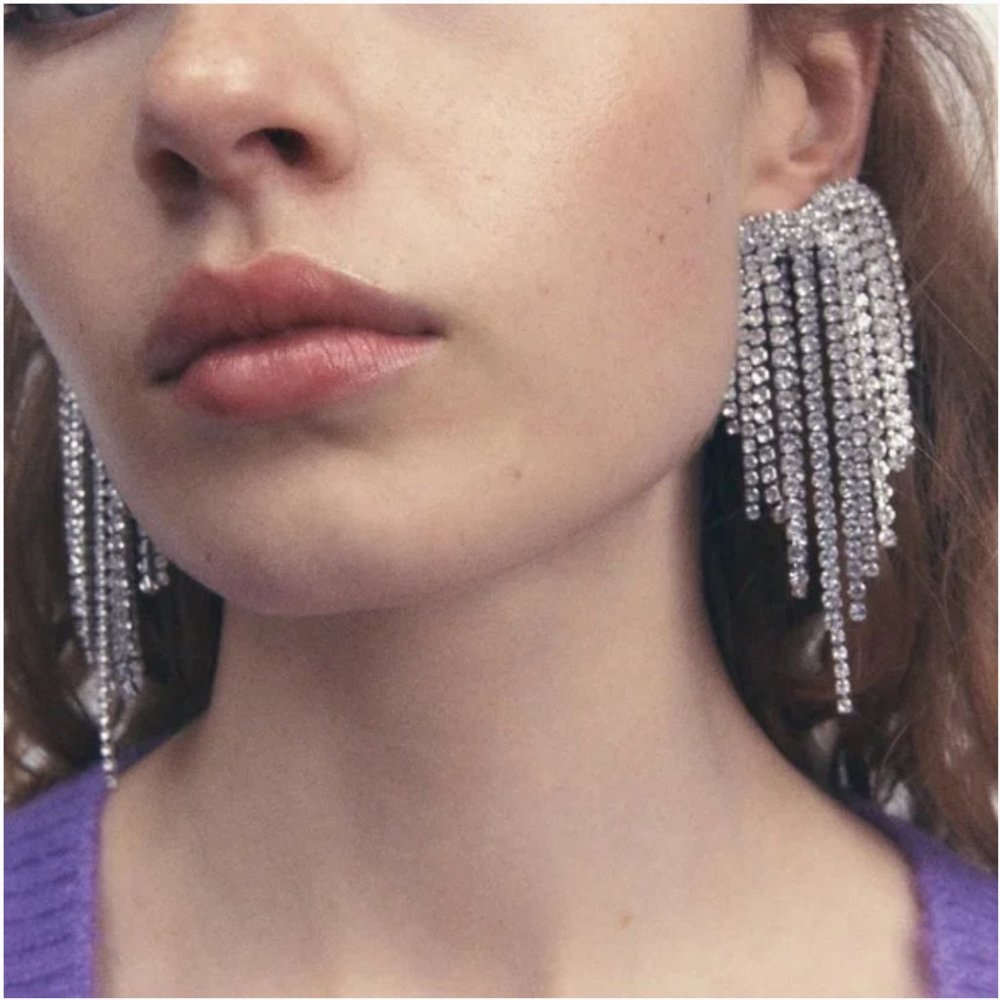 ZARA JEWEL RHINESTONE SPARKLY WATERFALL EARRINGS SILVER